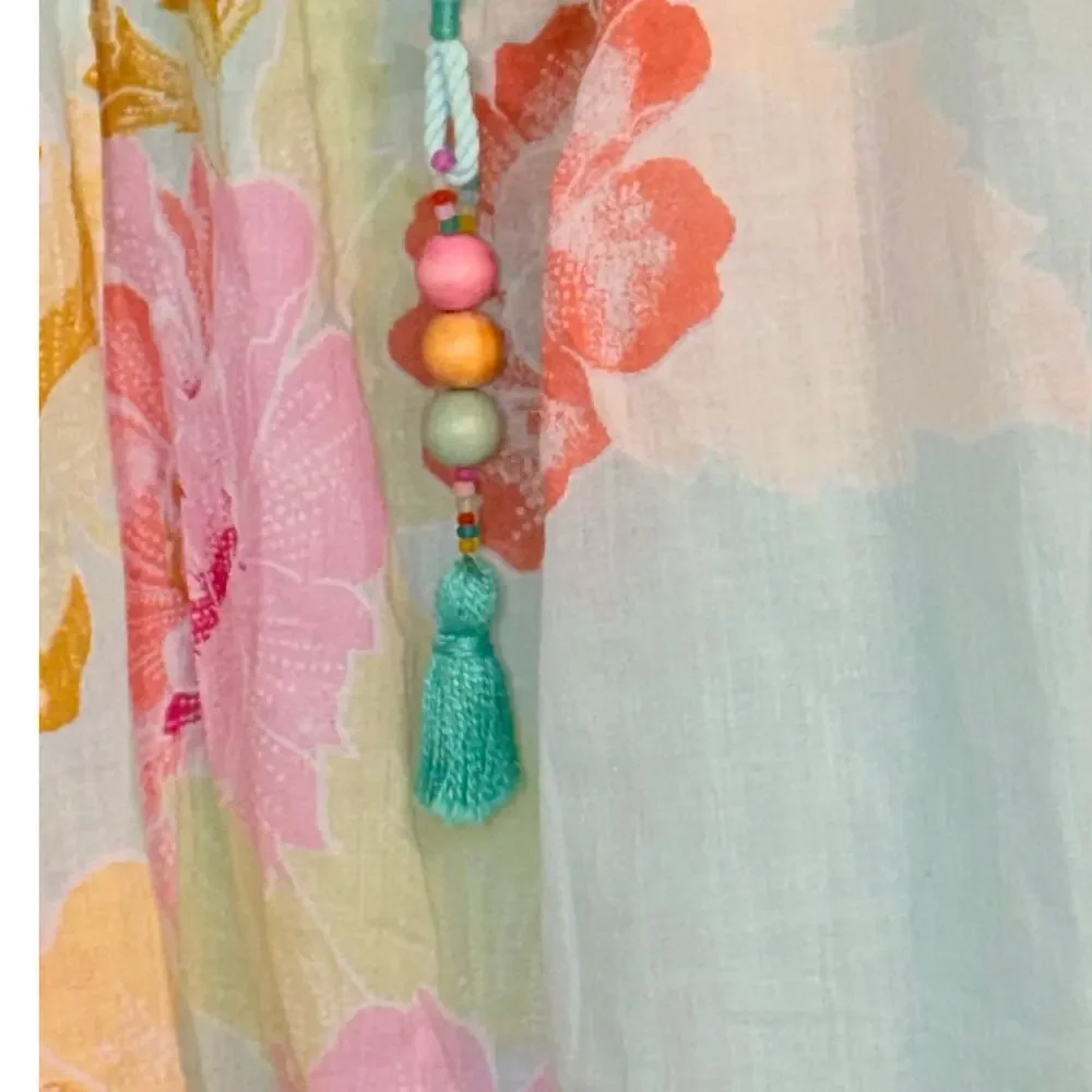 Farm Rio Basel Peasant Top Floral Sheer Cotton Beaded Tassels